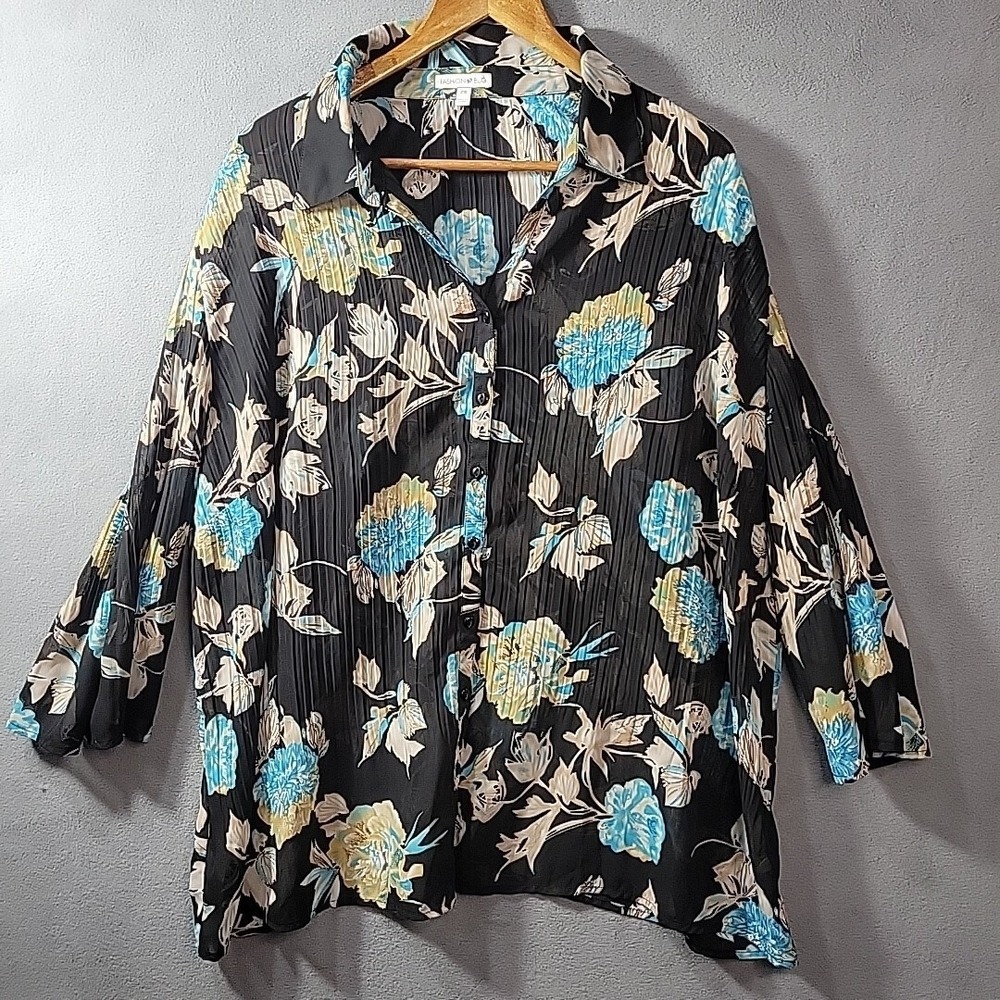 FASHION BUG‎ WOMEN'S BLOUSE 2X FLORAL BLUE Black WHITE 3/4 SLEEVES XXL
